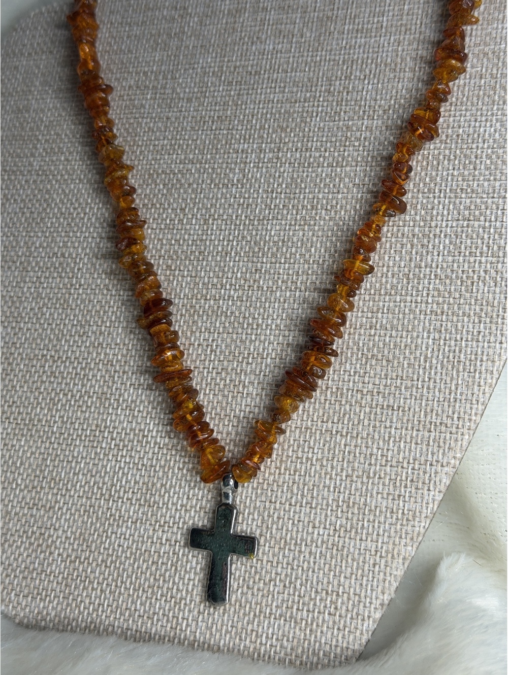 Retired Silpada Amber Chip Bead Sterling Silver Cross Necklace N0935 Vintage 925
